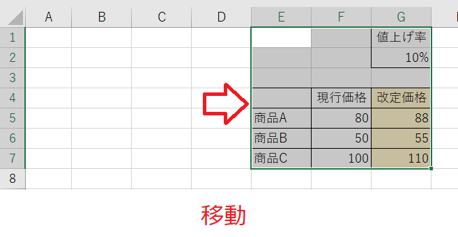 Excelマウス操作によるカット＆コピー＆ペースト