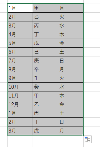 Excelマウス操作によるオートフィル
